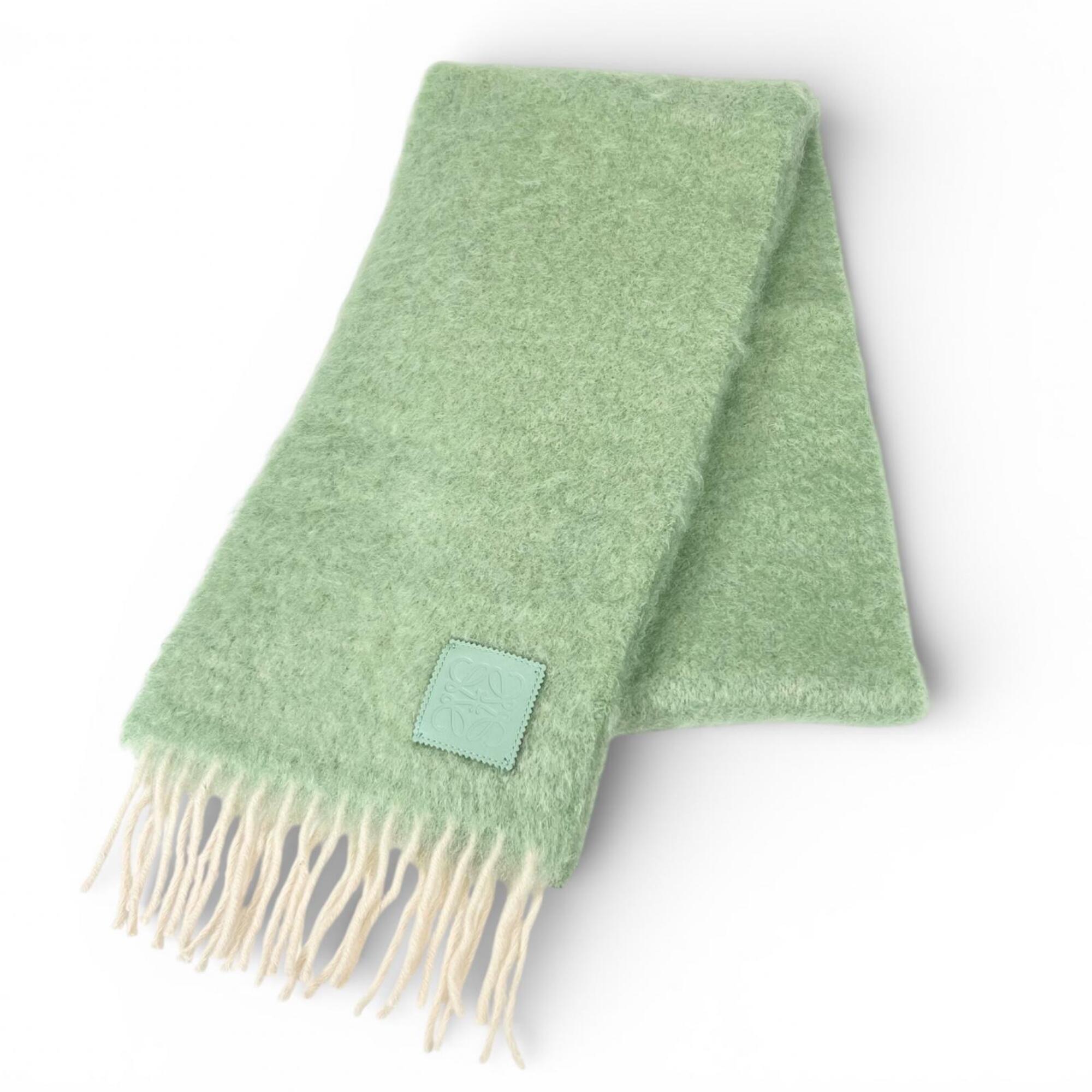 Loewe Mohair Wool Anagram Leather Patch Fringe Scarf, Green, Made In Spain, A...